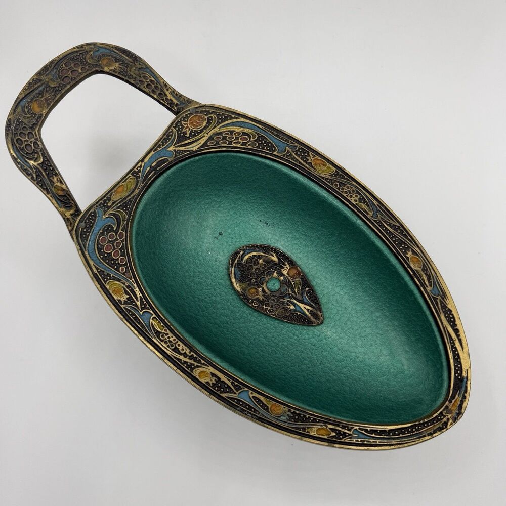 Vintage Mid Century Israel Brass Green Enamel Wheelbarrow Trinket Dish Judaica